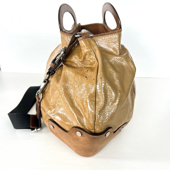 MARNI Balloon Dark Mustard Patented Leather w Brown Leather Top Handle Satchel - Picture 5 of 16
